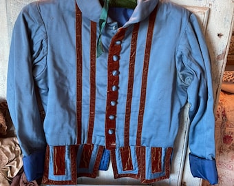 French old theatre jacket for a boy, warm blue with brown velvet