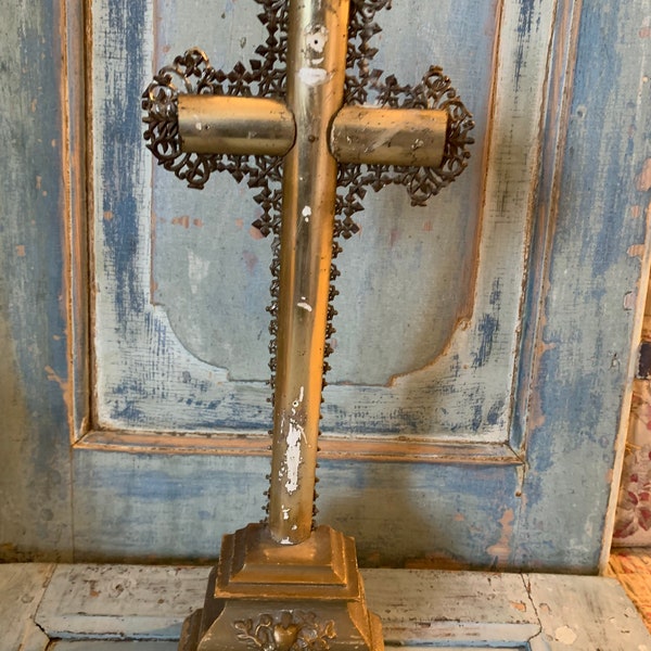 Antic French Holy cross , with holy heart, bois doree .