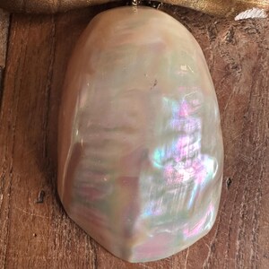 May include: A large, iridescent pendant with a pearlescent sheen, suspended from a delicate silver chain. The pendant's surface displays a play of colors, including pink, green, and blue hues. The background is a wooden surface.