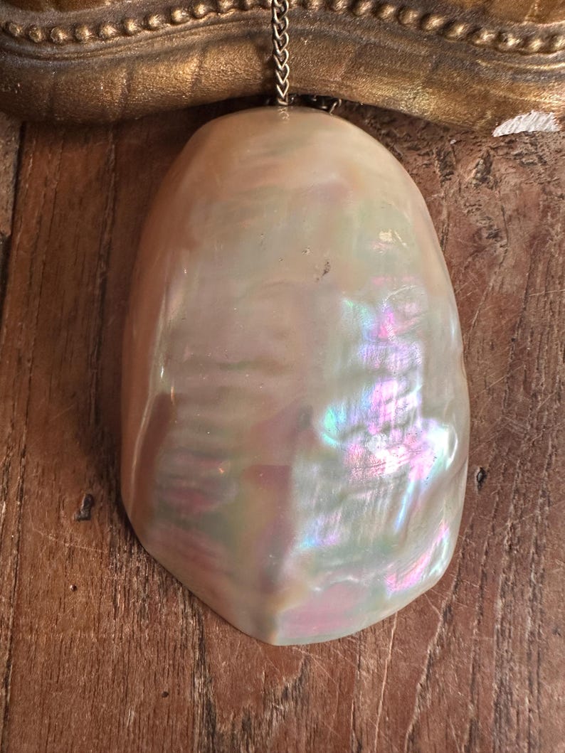 May include: A large, iridescent pendant with a pearlescent sheen, suspended from a delicate silver chain. The pendant's surface displays a play of colors, including pink, green, and blue hues. The background is a wooden surface.