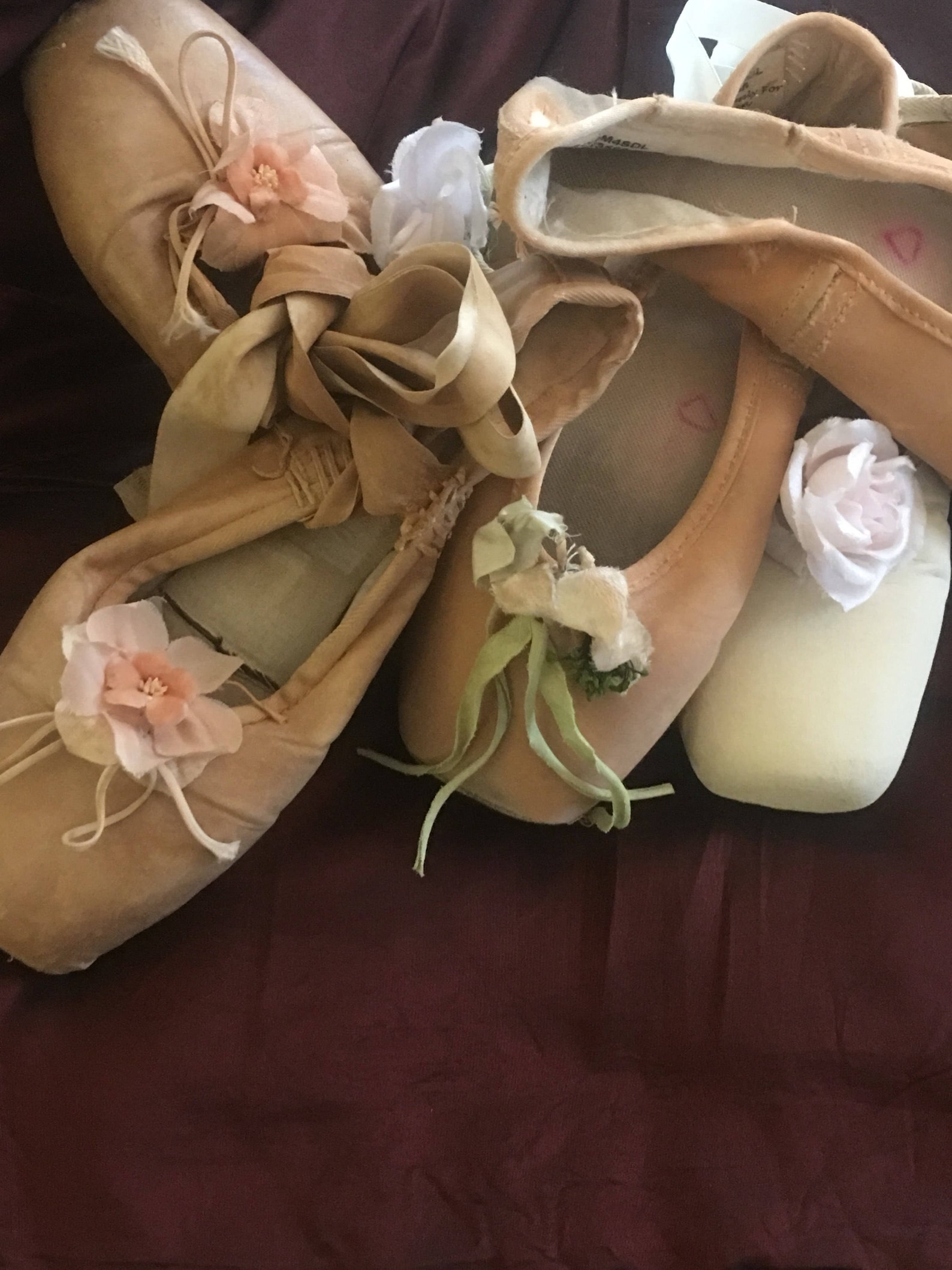 ballet shoes from france, england decorated with old french -corsage- flowers, around size 5 white sold