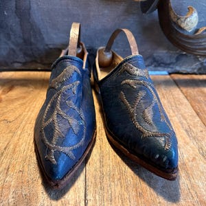 Könnte beinhalten: Ein Paar blaue Leder-Schlupfschuhe mit spitzen Zehen und aufwendiger goldener Stickerei. Die Schuhe haben einen Riemen und werden auf einer Holzoberfläche präsentiert. Das Design hat eine Vintage-Ästhetik.
