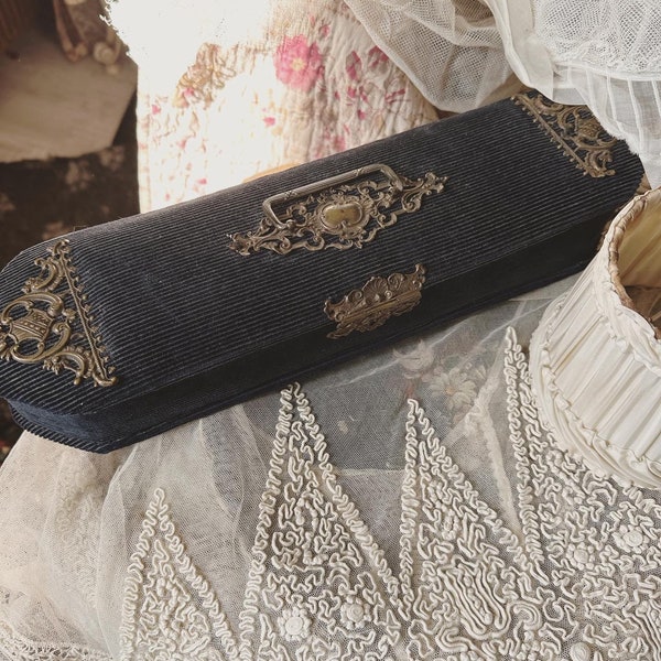 Antic French velvet box for gloves( two old pair in it)
