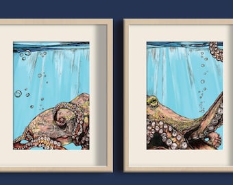 Dittico con illustrazione di polpo: opera d'arte da parete disegnata a mano con penna e inchiostro.