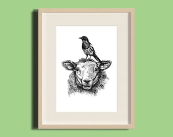 Sheep Design | Bird Illustration | Print | Black and White | Hand drawn | Pen and Ink Illustration | Wall Decor | Wall Art | Magpie