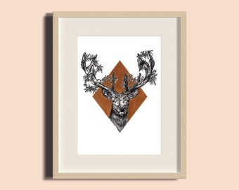 Ilustração de veado impressa: Arte de parede geométrica desenhada à mão com caneta e tinta.