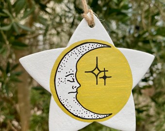 Moon Clay Ornament | Moon Decoration | Illustration | Hand Drawn | Moon | Stars | Valentine's Day | Home Decor | Gift