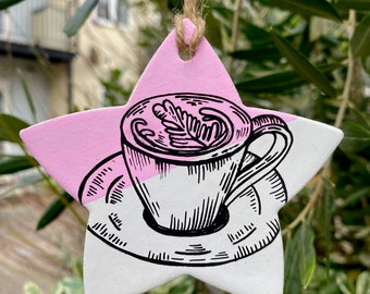 Coffee Cup Clay Ornament | Decoration | Illustration | Hand Drawn | Latte Art | Spring | Easter Decoration | Mother's Day | Valentine's Day