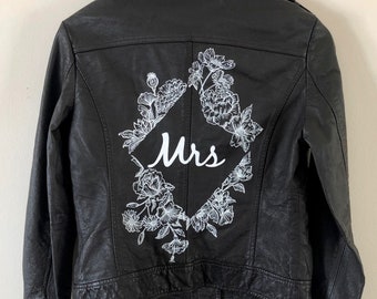 Hand Painted Jacket | Custom Jacket | Personalised Leather Jacket | Wedding Jacket | Hand Drawn Design | Floral Design | Mrs | Geometric