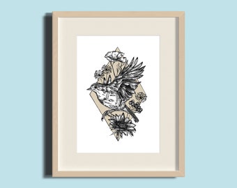 Robin Design | Robin Illustration | Print | Hand drawn | Pen and Ink Illustration | Wall Art | Bird Print | Geometric | Abstract