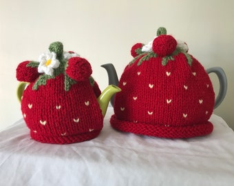 Strawberry Knitted Tea Cosy - to fit 2 and 6-10 cup pot - dream of Wimbledon and Cream Tea's
