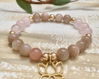 Peach Moonstone Bracelet Stretch Bracelet. Boho Gold Micro Pave Cubic Zirconia Bead Healing Gemstone Natural Moonstone June Birthstone Stacking