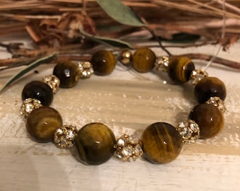 Tiger Eye Crystal Bracelet: Swarovski Gold Accents, Gemstone Jewelry