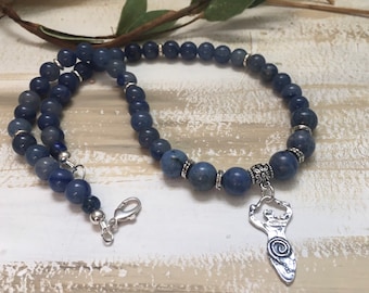Blue Aventurine Crystal Necklace, Goddess Pendant, Beaded Gemstone Yoga Jewelry