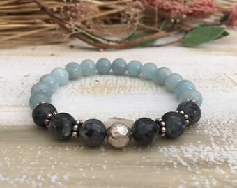 Aquamarine Silver Stacking Bracelet,  labradorite Gemstone Jewelry, Crystal Healing, Boho Tribal Bracelet