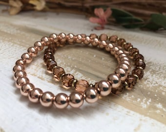 Rose Gold Hematite Bracelet Set: Czech Crystal Beaded Bracelets