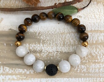 Moonstone & Tiger Eye Bracelet: Lava Stone Aromatherapy Jewelry
