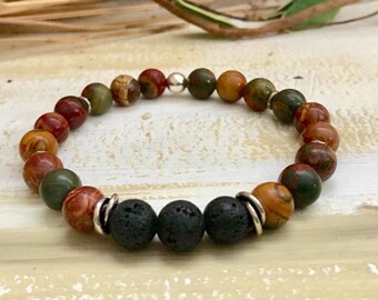 Picasso Jasper Lava Stone Bracelet: Sterling Silver Boho Aromatherapy Jewelry
