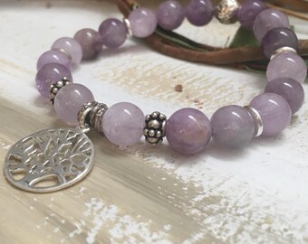 Amethyst Crystal Bracelet, Silver Tree of Life Charm, Spiritual Healing Gemstone Jewelry