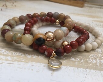 Boho Beaded Bracelet Set: Red Jasper, Agate, Quartz Charm