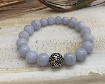 Blue Lace Agate Bracelet: Sterling Silver Bali Bead, Crystal Healing