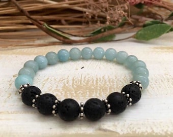 Aquamarine & Lava Stone Bracelet: Sterling Silver Essential Oil Diffuser