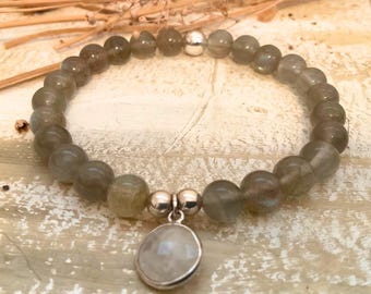 Labradorite Beaded Bracelet with Moonstone Charm: Spiritual Gemstone Jewelry