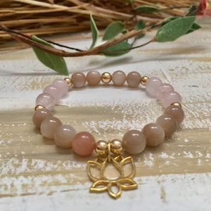 Peach Moonstone Bracelet | Rose Quartz Stretch Bracelet | Lotus Flower Charm Healing Crystal Jewelry | Fertility bracelet
