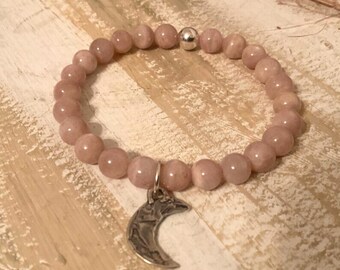 Peach Moonstone Bracelet: Sterling Silver Crescent Moon Charm, Healing Crystal