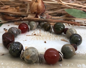 Semiprecious Gemstone Bracelet: Silver Leaf Jasper, Agate & Carnelian