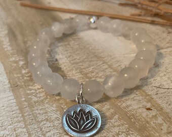 Selenite Bracelet: Thai Silver Lotus Charm, Spiritual Healing Jewelry