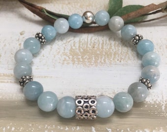 Aquamarine Crystal Bracelet, Sterling Silver Gemstone Jewelry, Healing Stone Stretch Bracelet