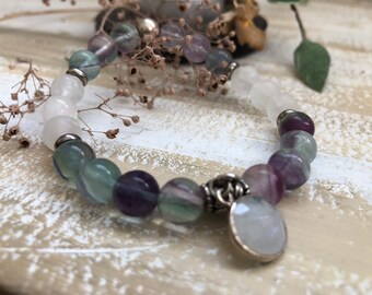 Fluorite & Moonstone Beaded Bracelet: Sterling Silver Accent