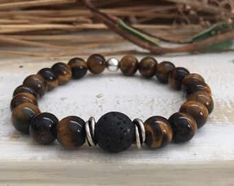 Tiger Eye & Lava Rock Bracelet: Sterling Silver Accents, Essential Oil Diffuser