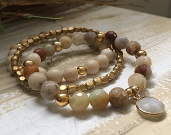 Amazonite Fossil Stone Bracelet Set: Brass & 18K Gold Accents