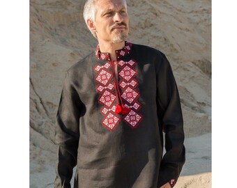 Black linen shirt vyshyvanka for man, 100% linen, Ukrainian Gift