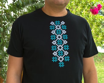Ukrainian Men Gift, cotton t-shirt with embroidered ukrainian pattern