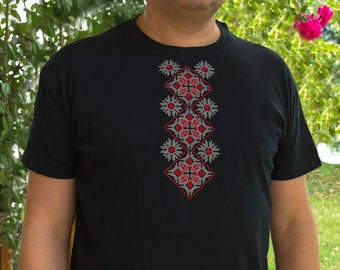 Ukrainian Men Gift, cotton black t-shirt with embroidered ukrainian pattern