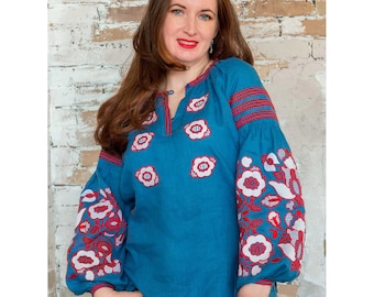 Blue Embroidered Linen Vyshyvanka, ukrainian embroidered blouse