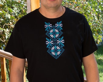 Ukrainian Men Gift, cotton t-shirt with embroidered ukrainian pattern