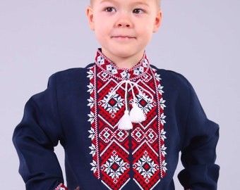 Dark blue embroidered linen shirt for boy, vyshyvanka, linen 100%
