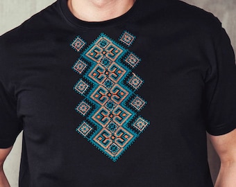 Ukrainian souvenir Embroidered black Cotton T-Shirt for men