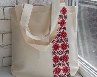 Embroidered Ukrainian Tote Bag, Red Floral Cross-Stitch, Cotton Canvas
