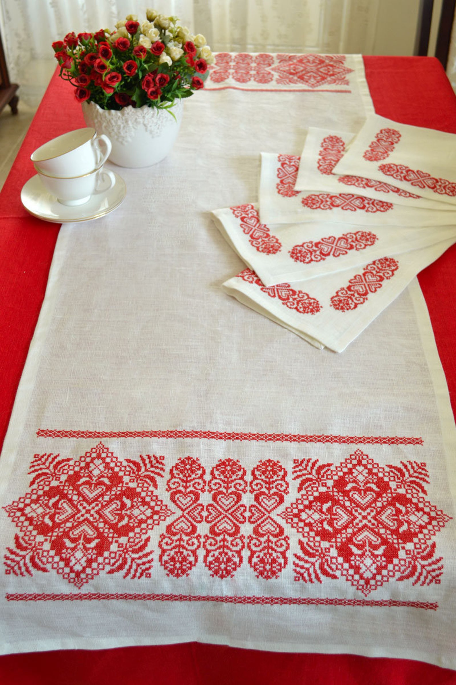 Ukrainian Embroidered Linen Table Runner With Cross Stitched Etsy