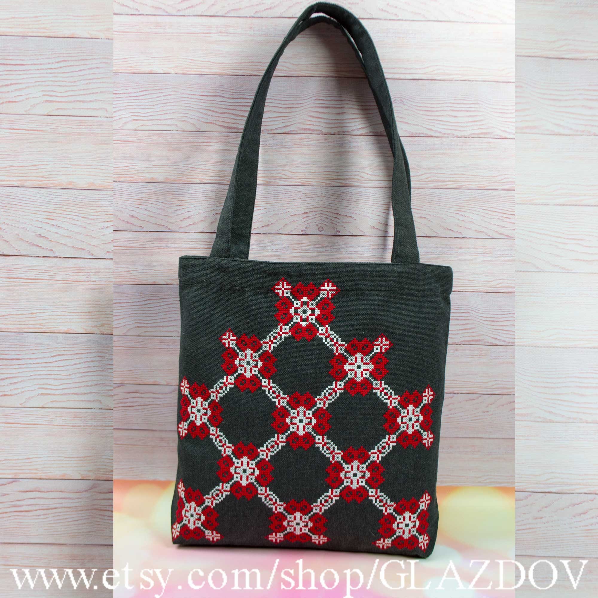 Tote bag embroidery cross stitched dark gray Etsy