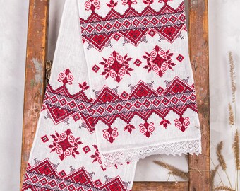 Ukrainian Wedding Rushnyk – Embroidered Linen Towel with Cross-Stitch