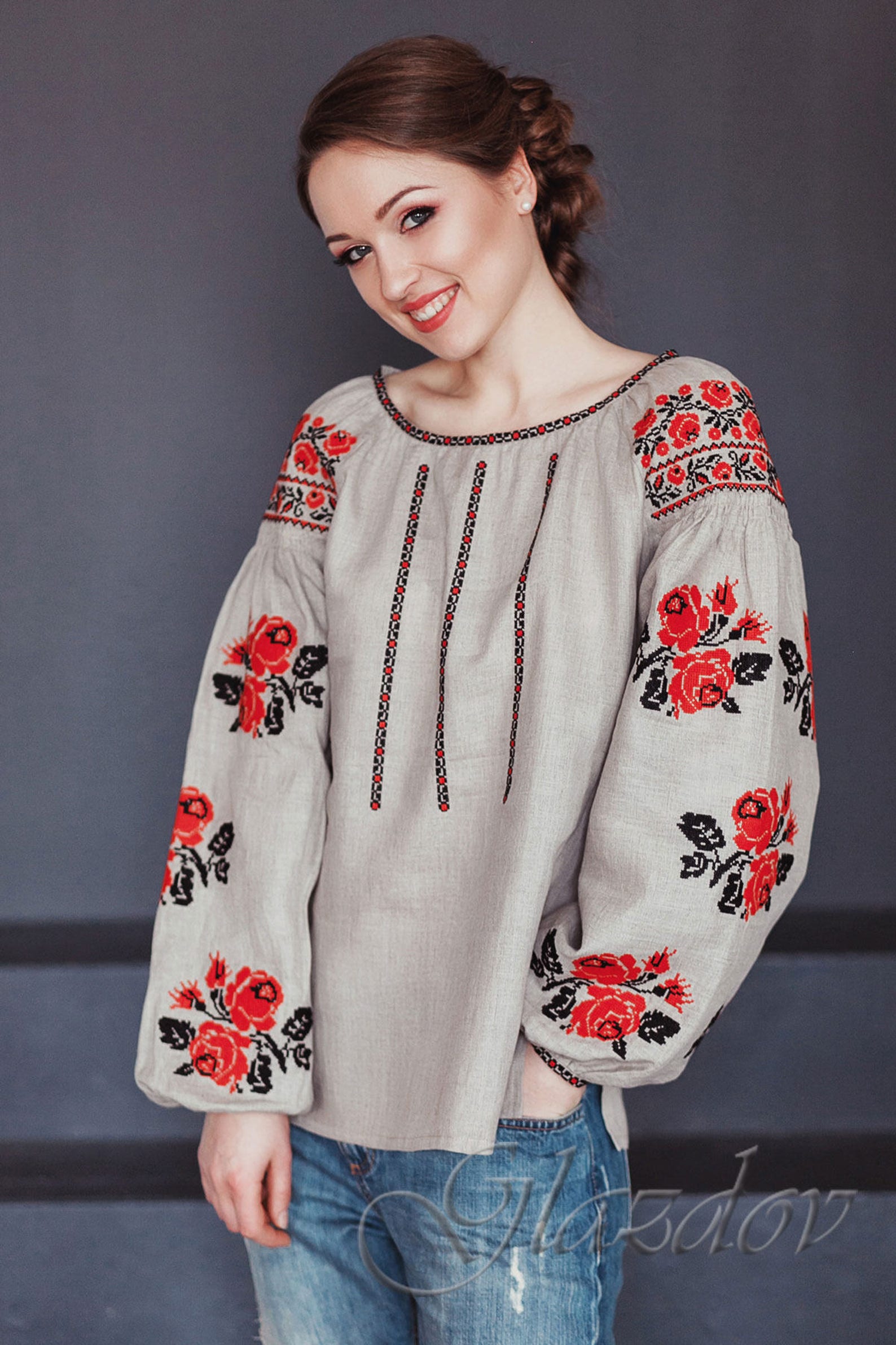 Ukrainian Embroidered Boho Blouse Vyshyvanka Gray Linen - Etsy