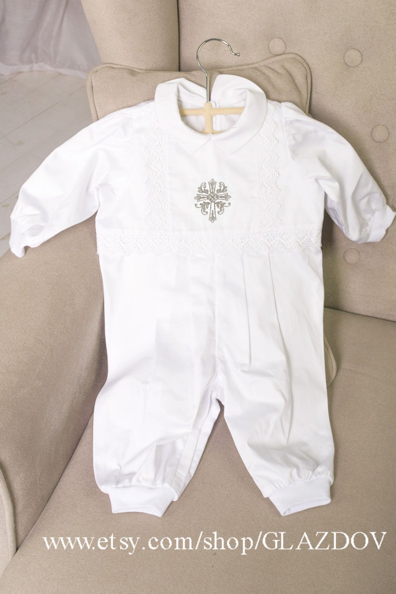 Boy christening romper gown white cotton christening baby boy Etsy