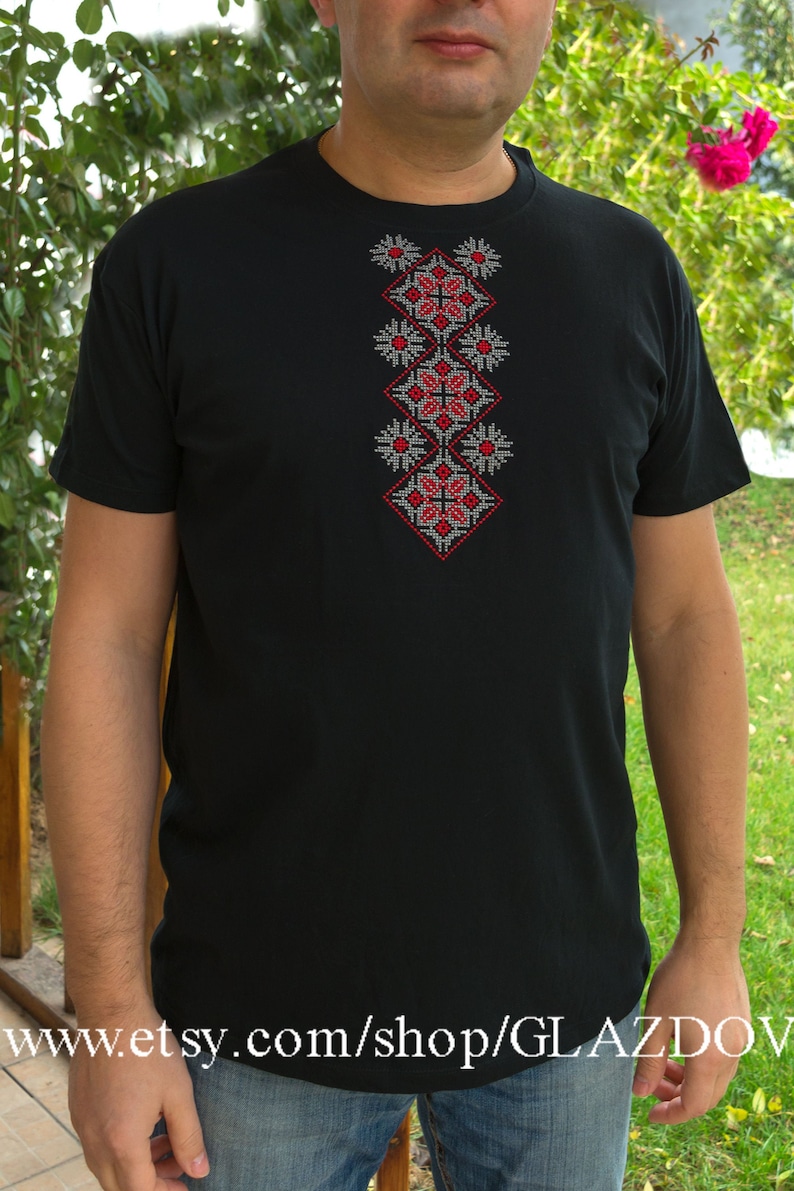 Ukrainian Men Gift, cotton black t-shirt with embroidered ukrainian pattern