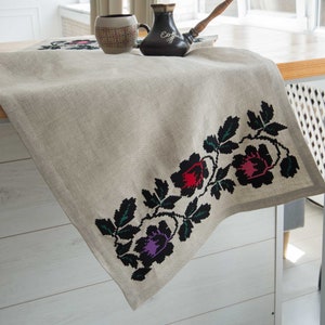 Embroidered Linen Table Runner – Ukrainian Floral Design